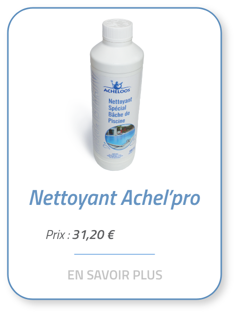 Achel'Pro est un détergent nettoyant dégraissant concentré, spécialement formulé pour l'élimination totale et complète de toutes saletés accumulées sur votre bâche piscine.
C'est le produit de nettoyage par excellence pour votre bâche.